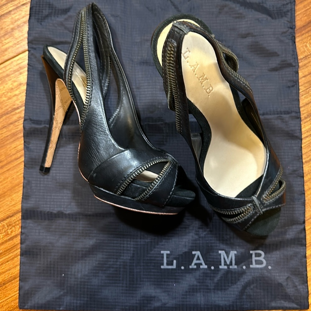 L.A.M.B. Black Leather Dawna Peep-Toe Slingback Heels with Stitch Detail